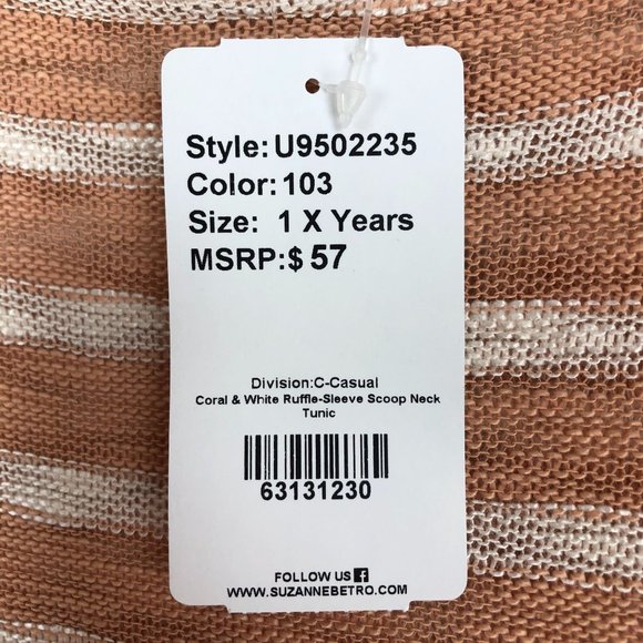 Weekend Suzanne Betro NWT Women's Plus Size 1X Coral White Ruffle Sleeve Tunic - Picture 8 of 10